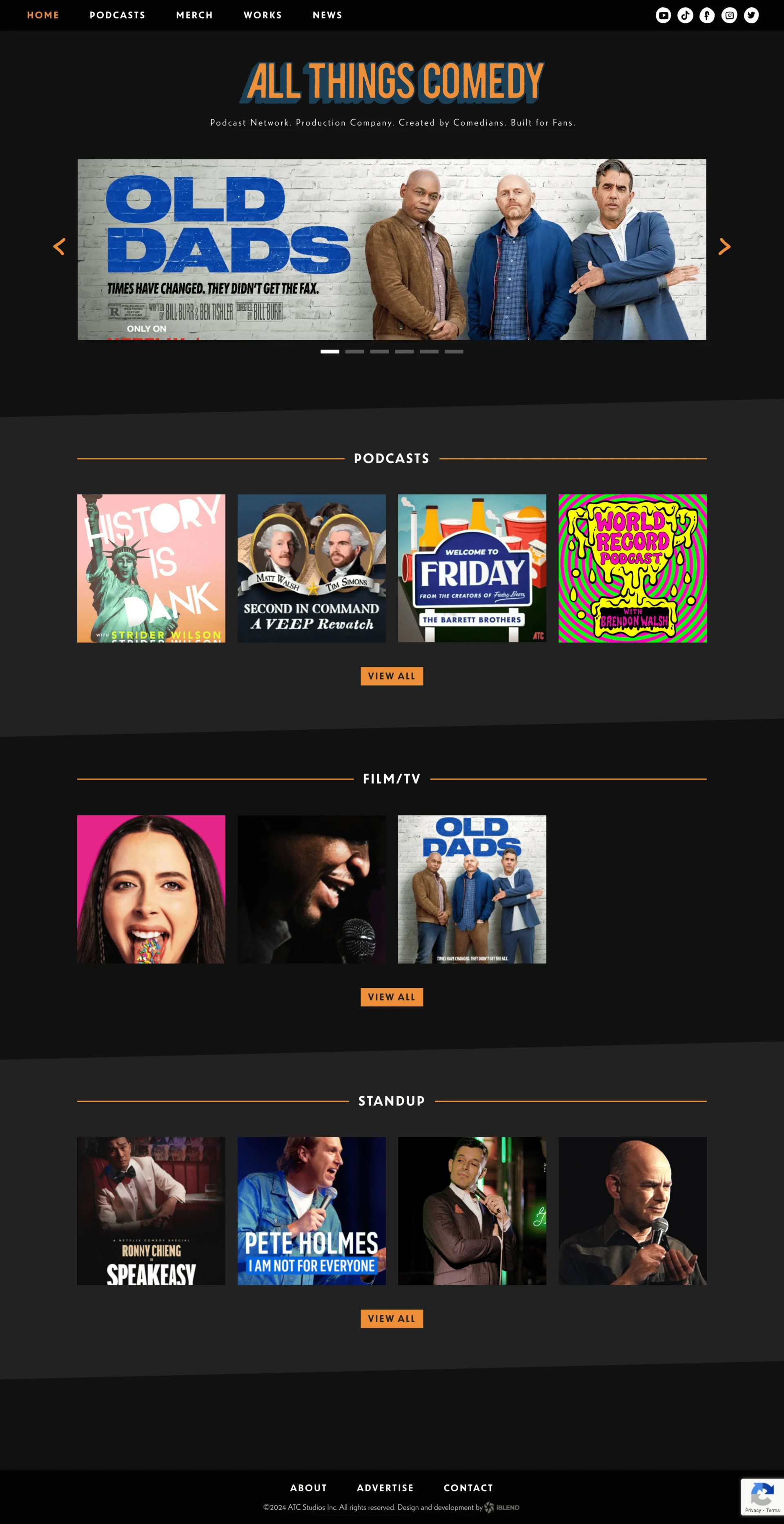 All Things Comedy homepage featuring podcasts, comedians, and network content