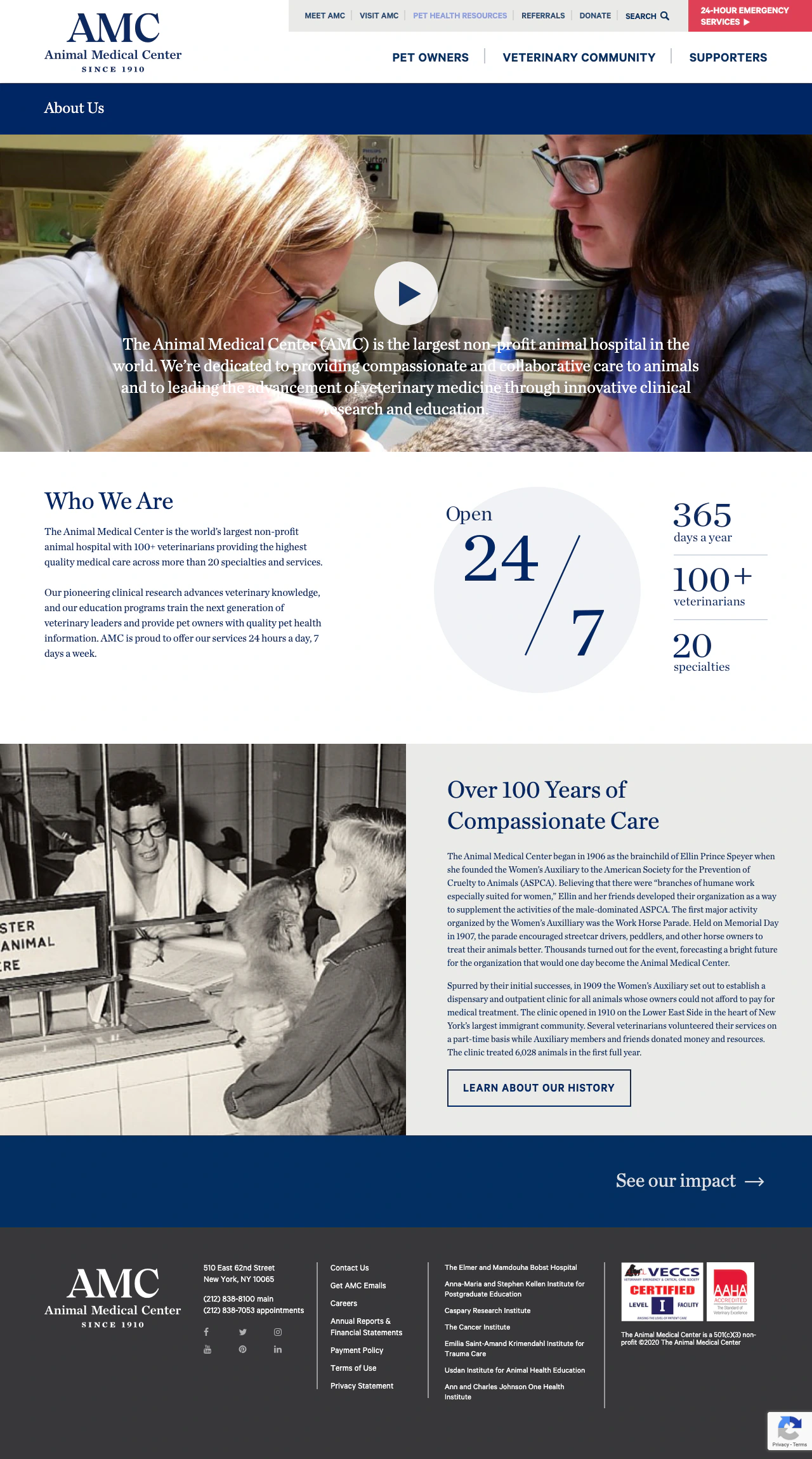 The Animal Medical Center about page with hospital information