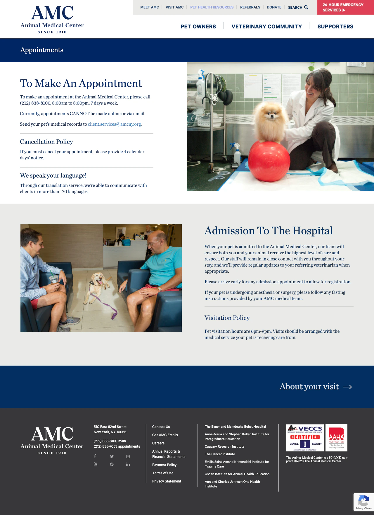 The Animal Medical Center appointments page