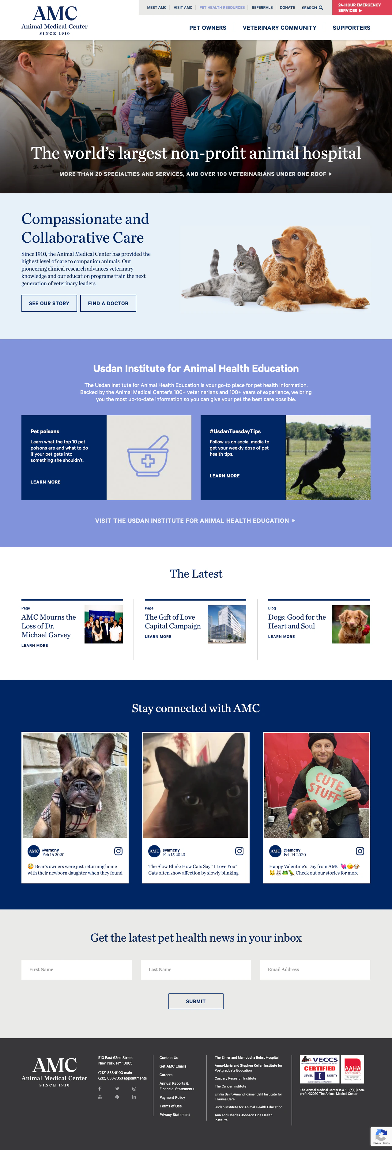The Animal Medical Center homepage with veterinary specialties and patient information