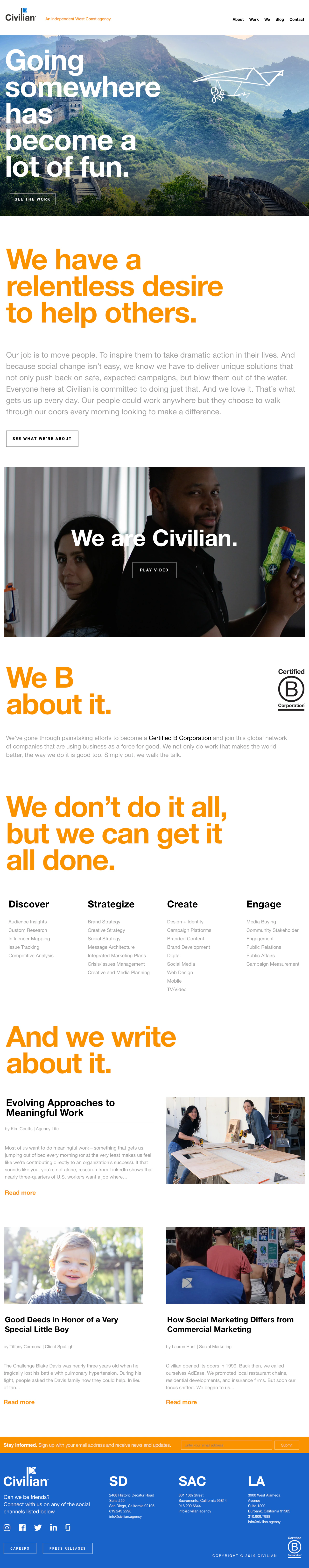 Civilian agency homepage with bold orange typography, mission copy, and featured articles