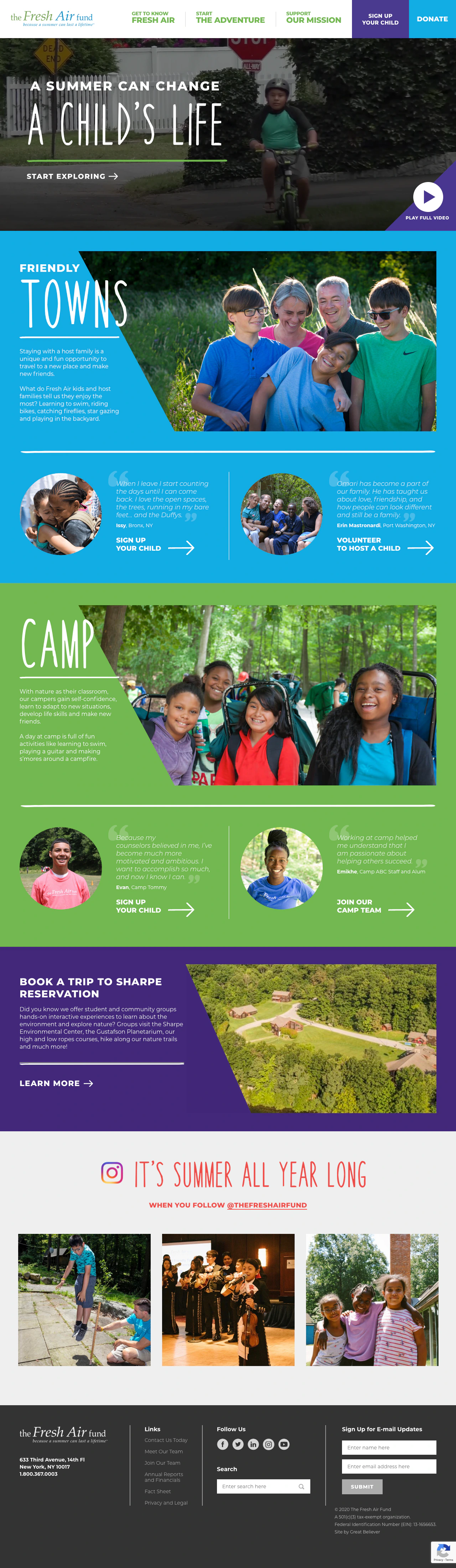 The Fresh Air Fund homepage with children, programs, stories, and donation prompts