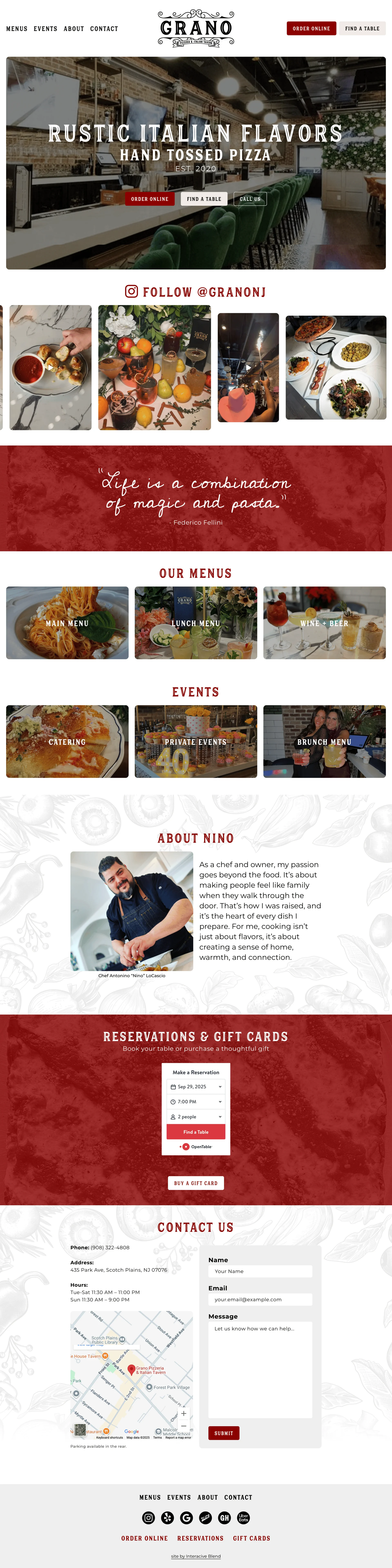 Grano Pizzeria & Italian Tavern homepage with Italian dishes, dining information, and reservation links