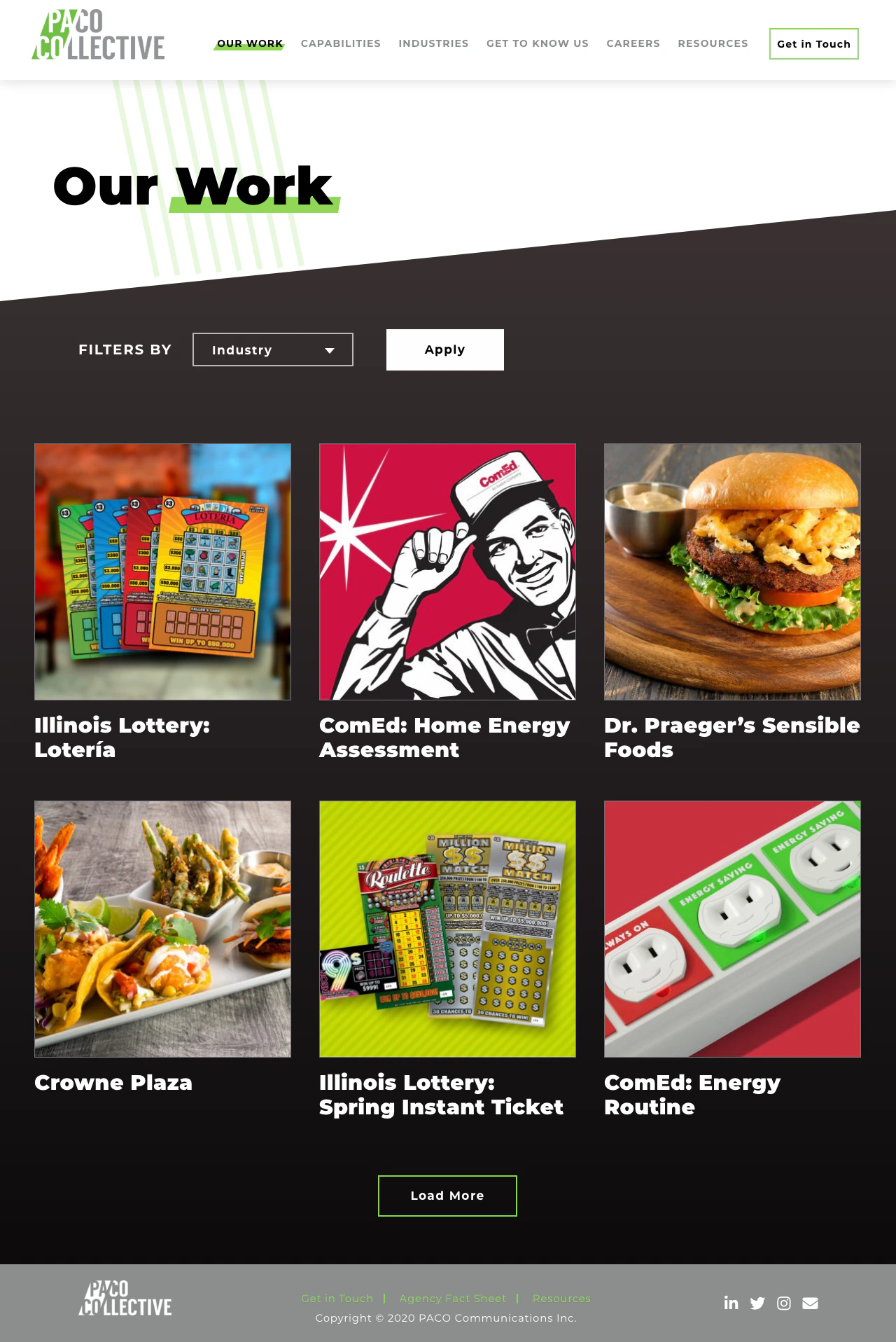 PACO Collective work page with a grid of colorful campaign projects