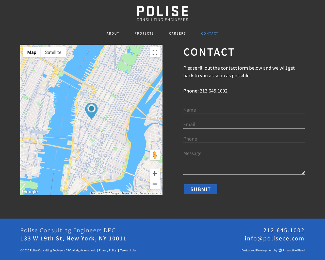 Polise contact page with a map and inquiry form