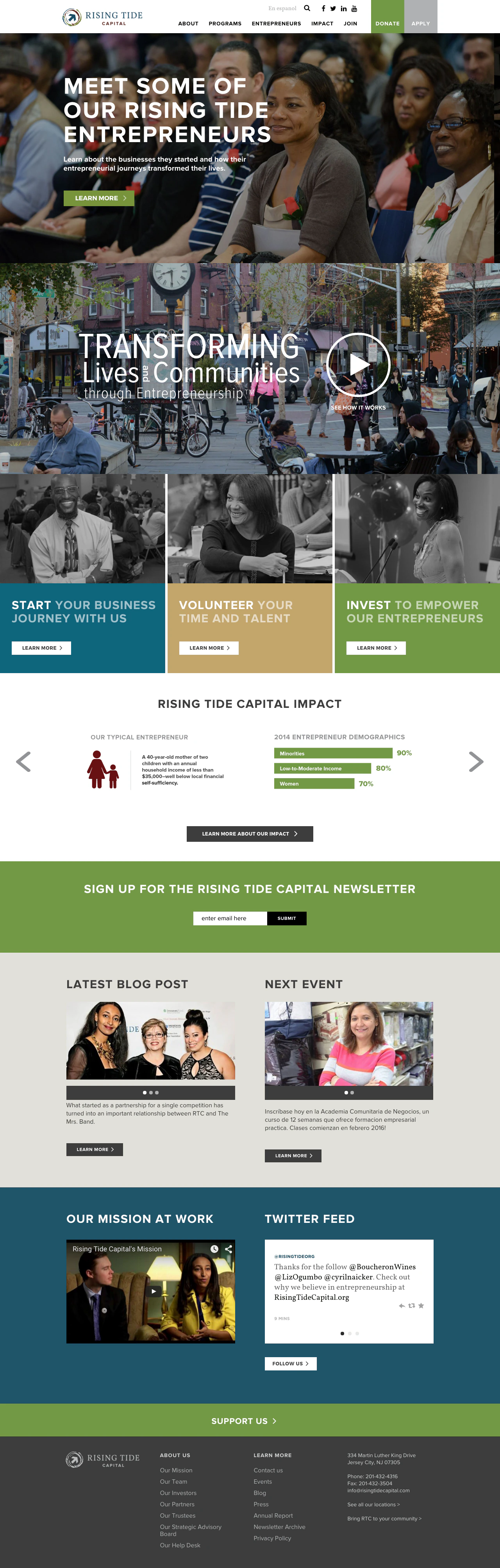 Rising Tide Capital homepage with mission and program information