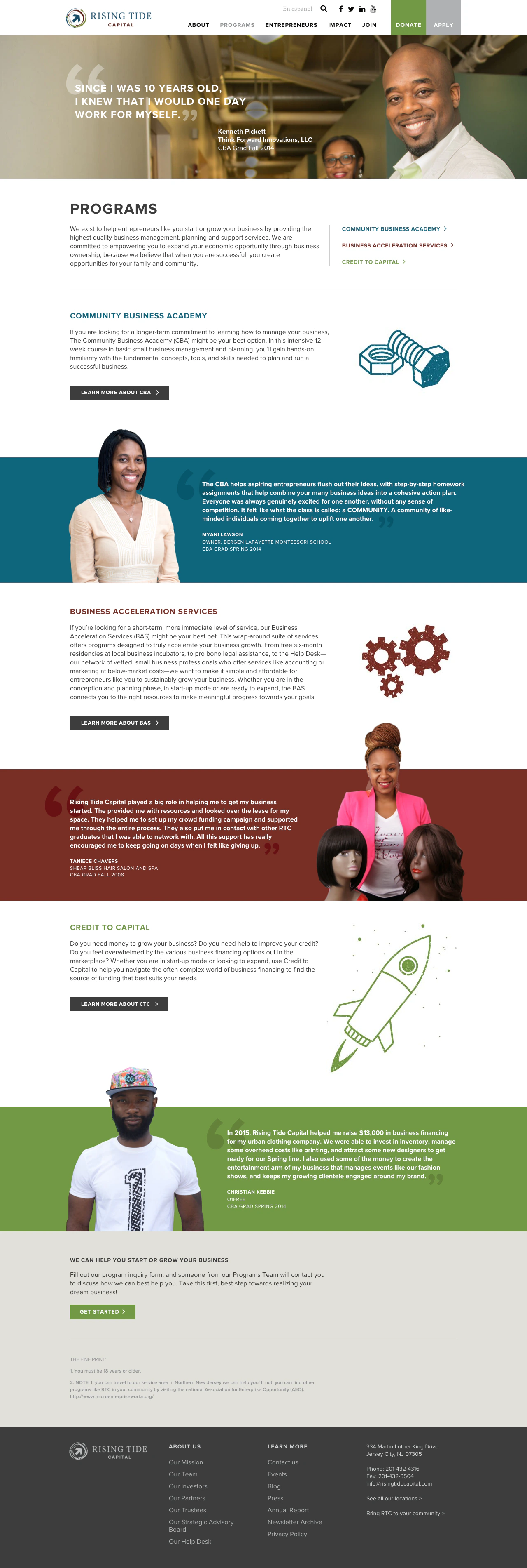 Rising Tide Capital programs page with business training details