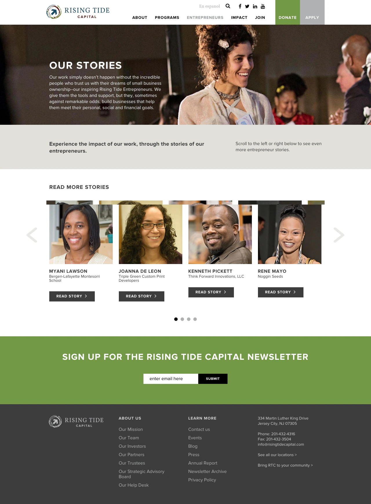 Rising Tide Capital stories page featuring entrepreneurs