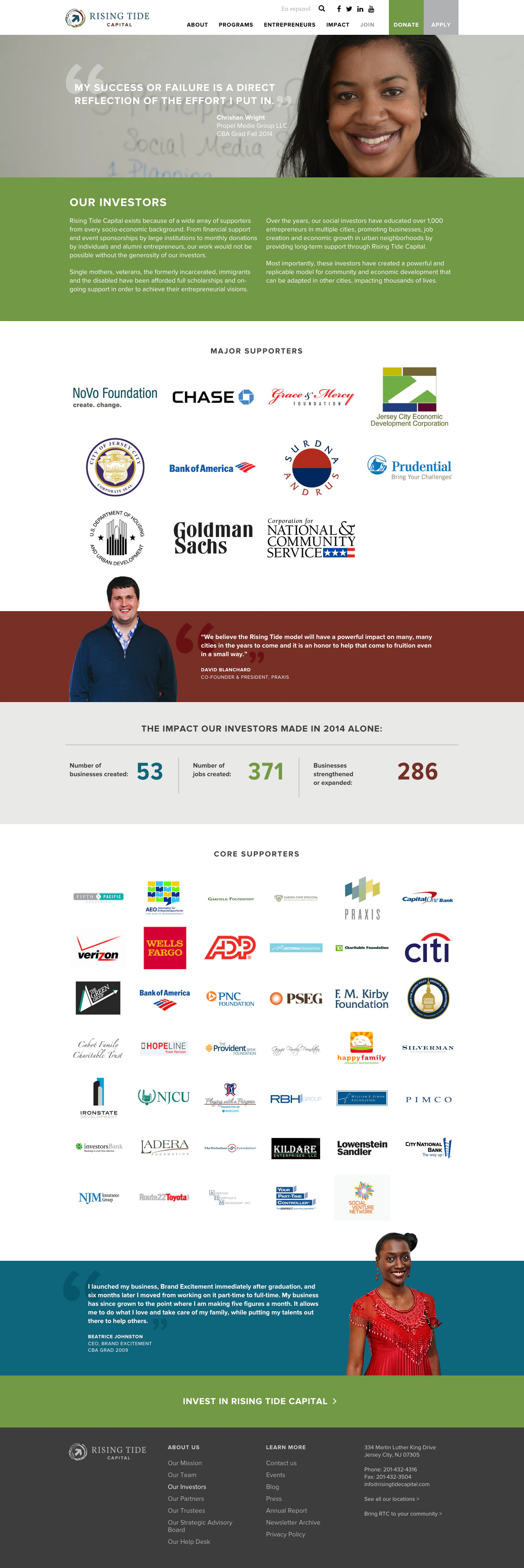 Rising Tide Capital supporters page with partnership information