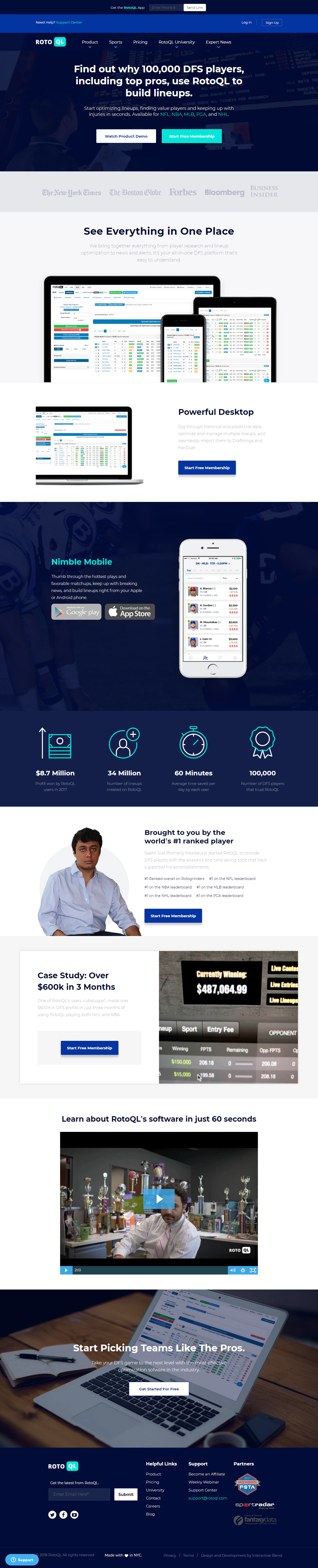 RotoQL marketing homepage for daily fantasy lineup tools