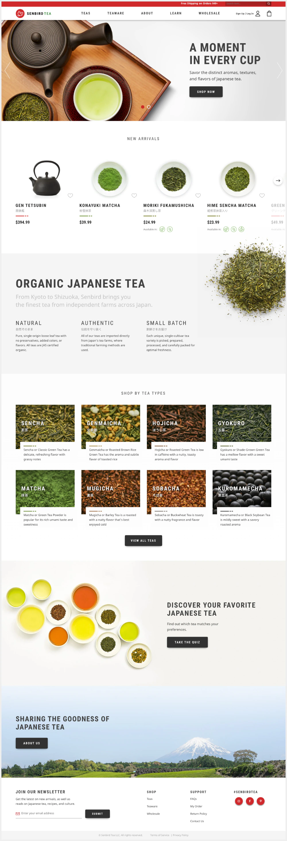 Senbird Tea Shopify homepage featuring Japanese green teas
