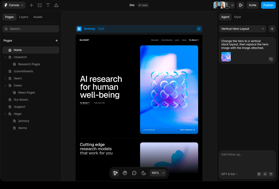 Framer canvas with website design and agent panel