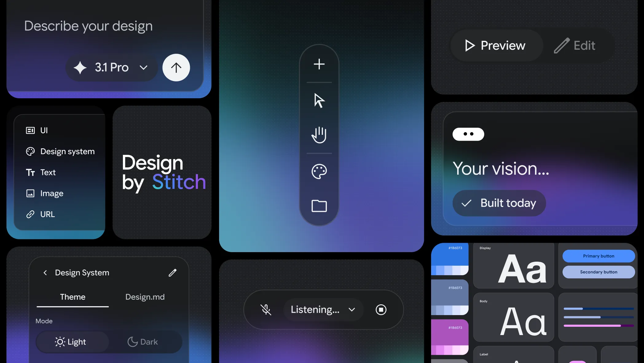 Google Stitch interface showing generated UI concepts