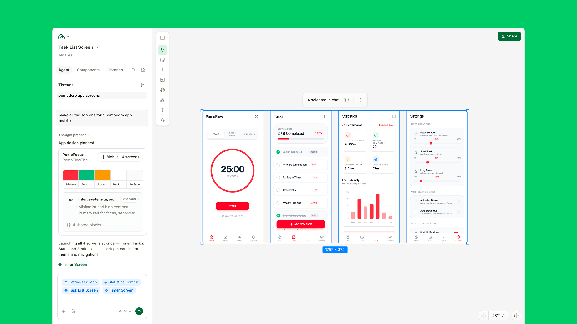 Magic Path canvas with four mobile app screens and agent panel