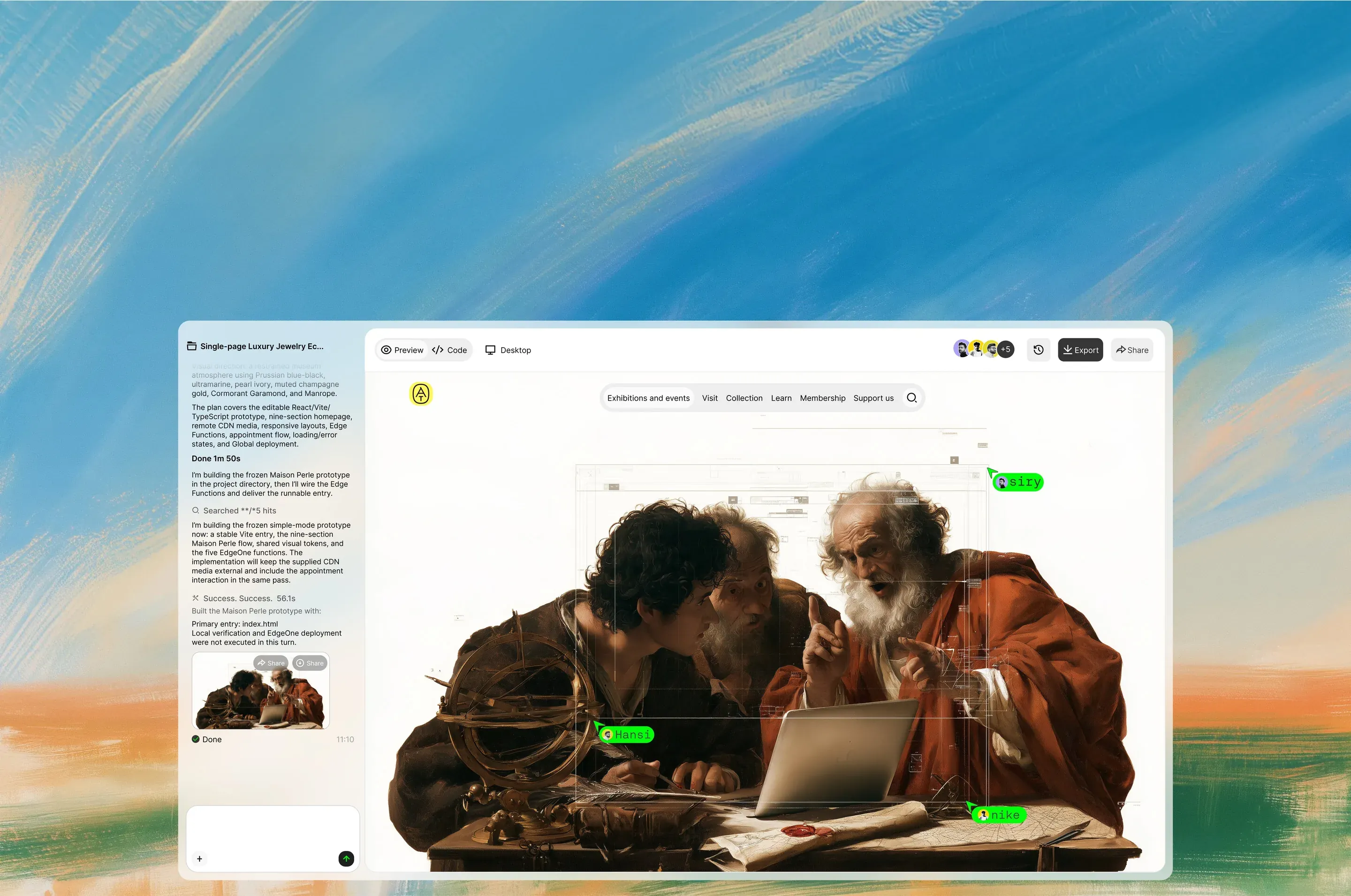 OpenDesign app workspace with a website prototype