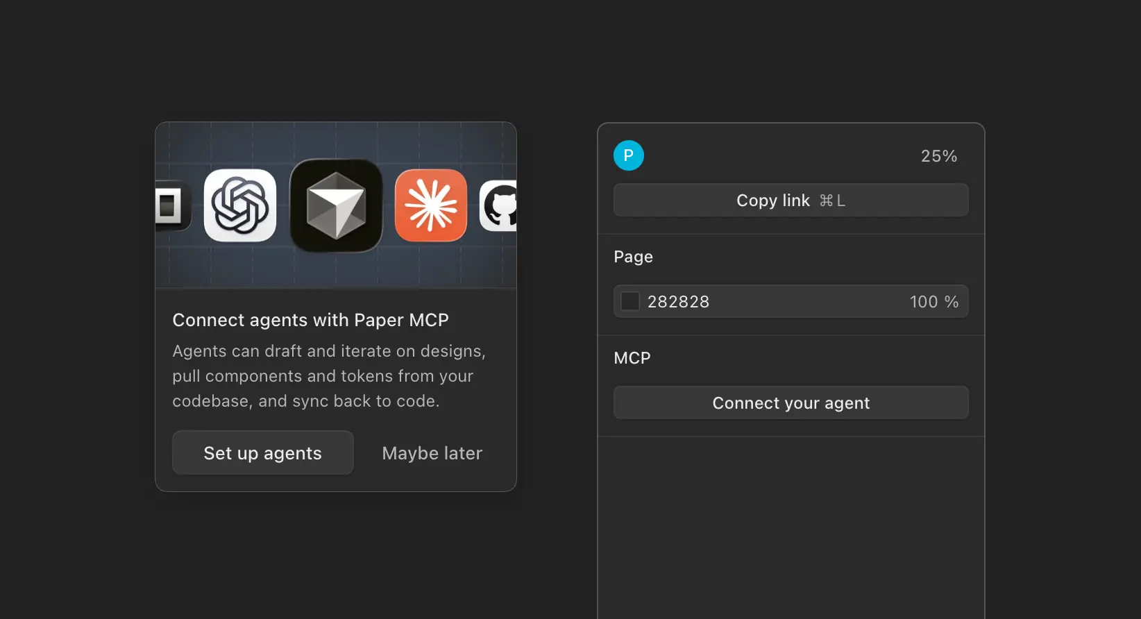 Paper design workspace with agent connection controls