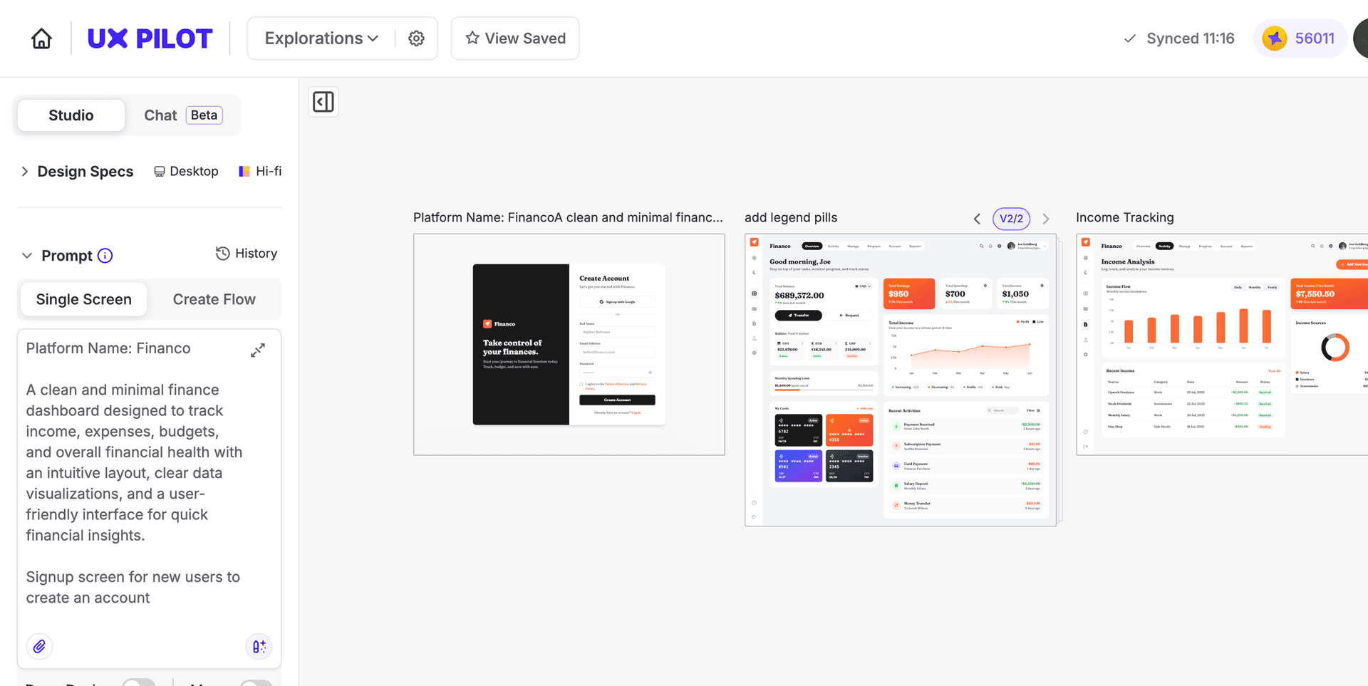 UX Pilot studio with finance app designs on the canvas
