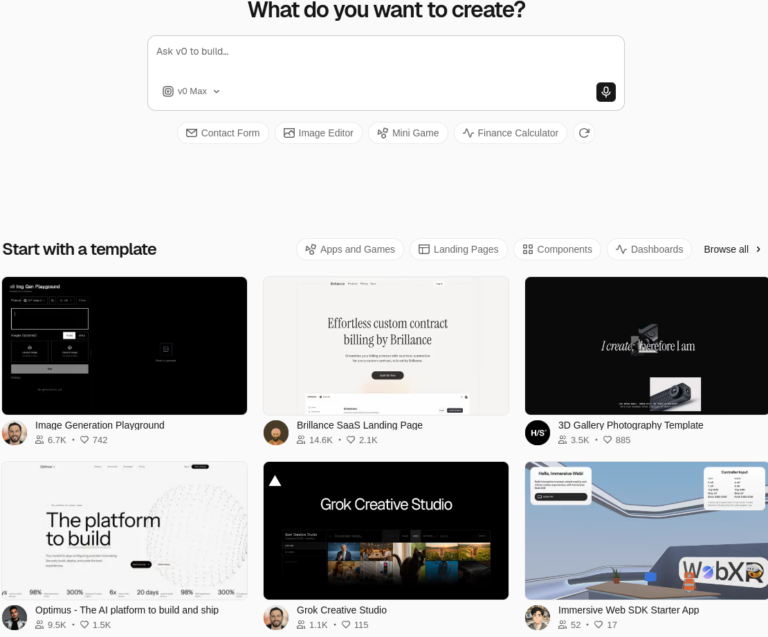 v0 prompt composer and interface templates