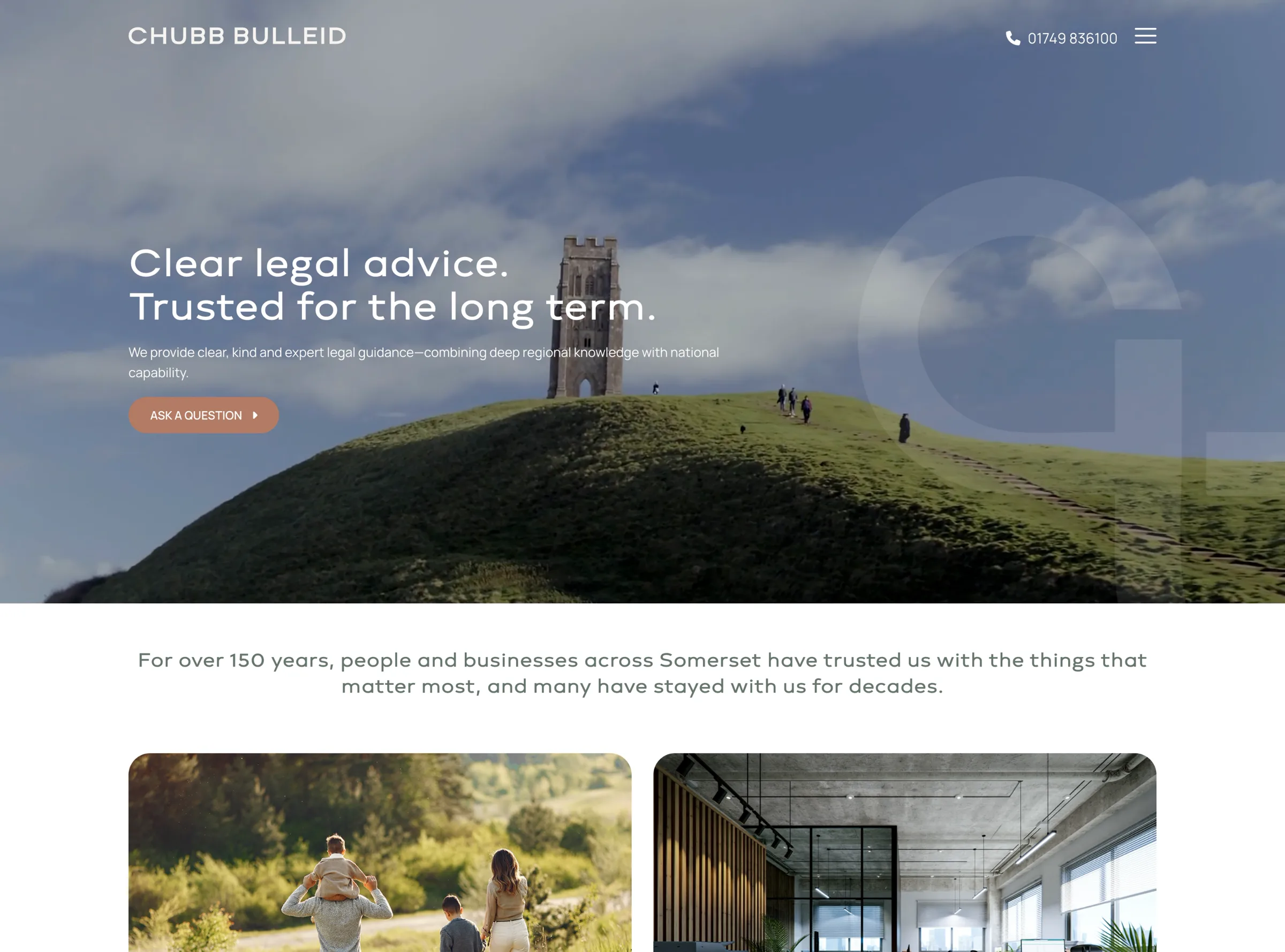 Chubb Bulleid homepage showing aerial landscape, legal advice headline, and Ask a Question button