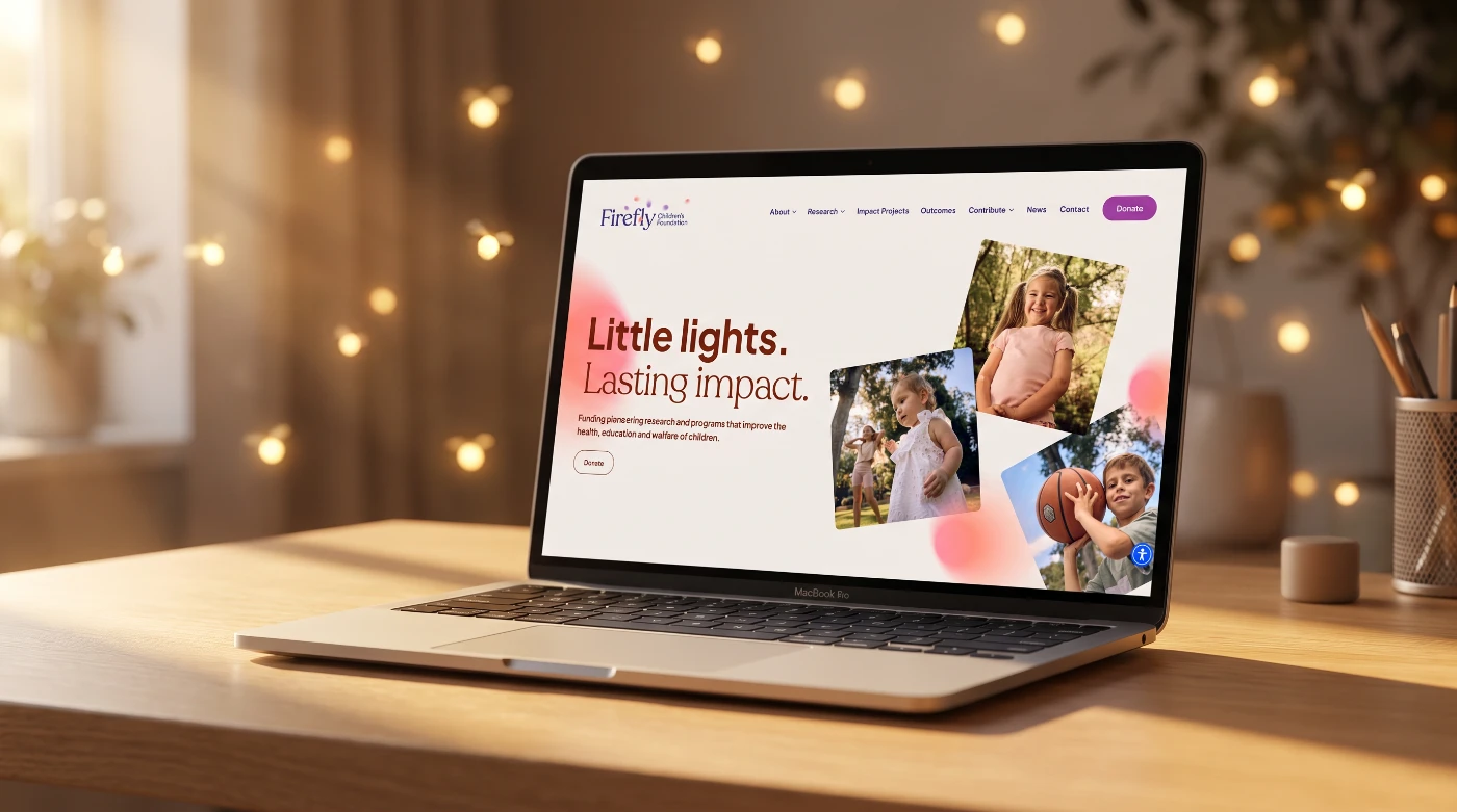 Firefly Children’s Foundation website homepage shown on a laptop, with photographs and a Donate button