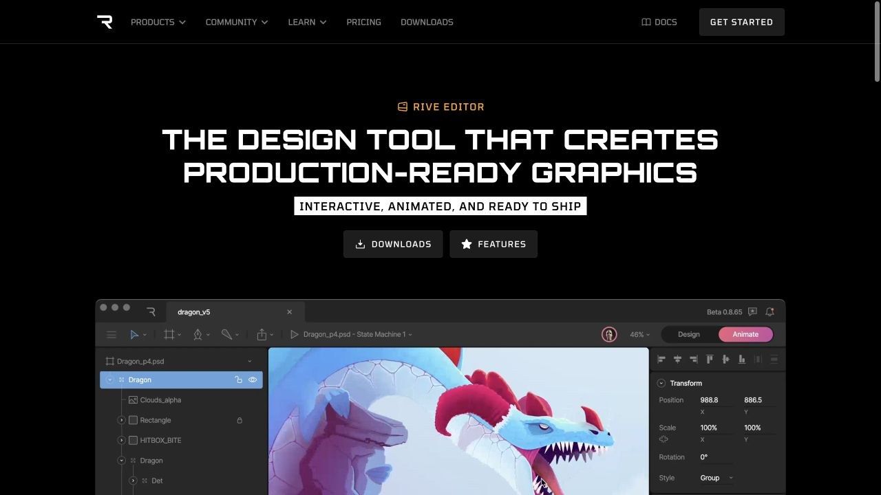 Rive editor page showing a dragon animation with design and animation controls.