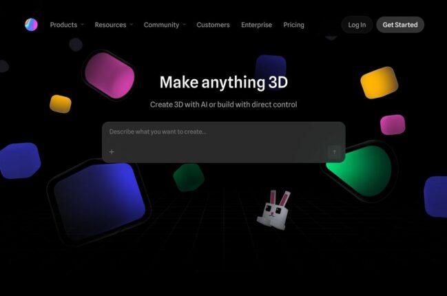 Spline homepage showing colorful 3D shapes around its design prompt.
