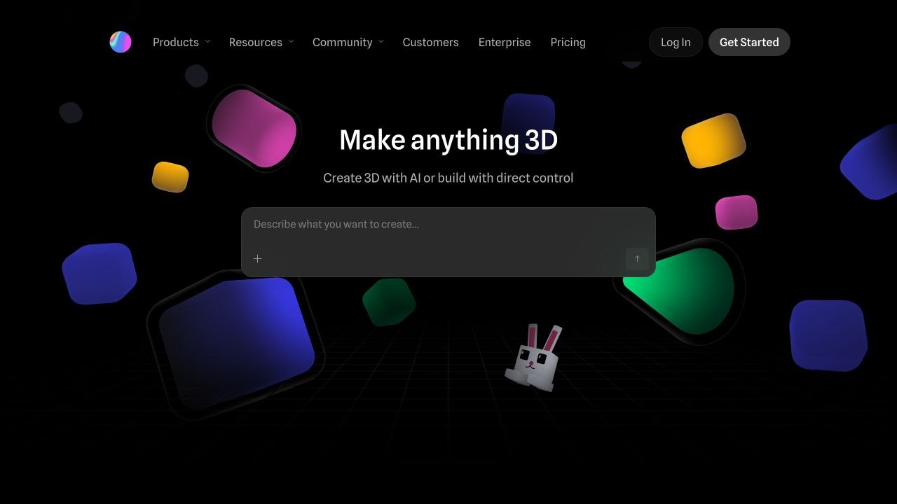 Spline homepage showing colorful 3D shapes around its design prompt.