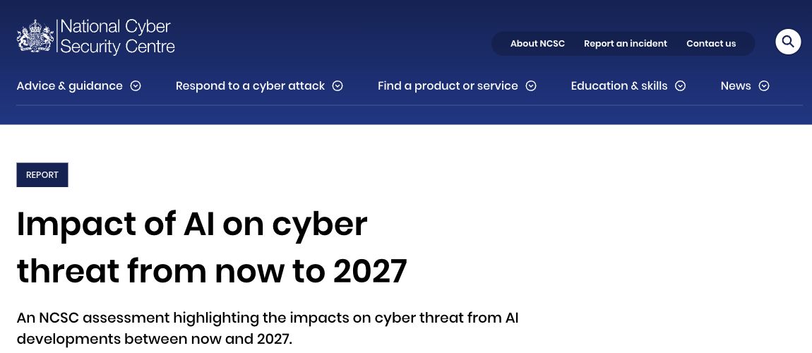 National Cyber Security Centre report on the impact of AI on cyber threats through 2027.