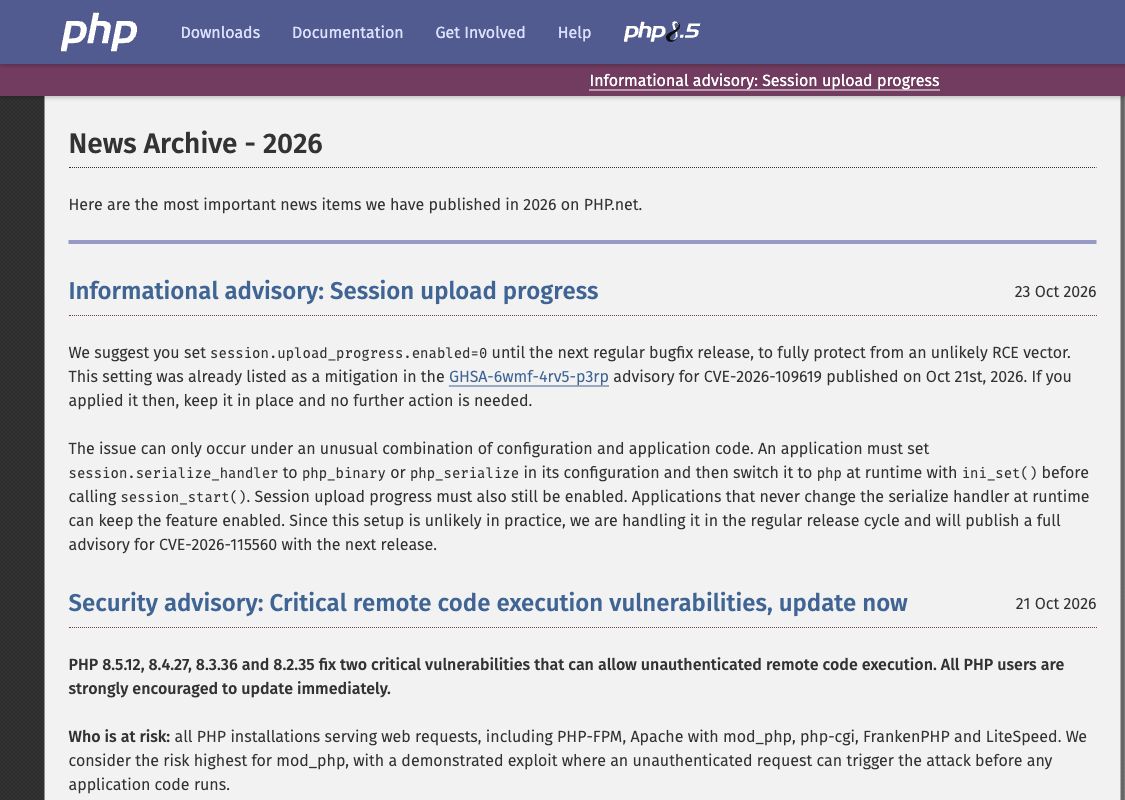 PHP announcements for the October 21 security patches and October 23 follow-up advisory.
