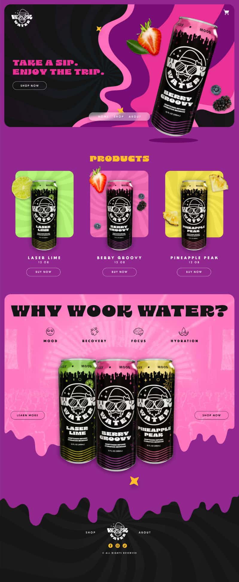 Wook Water store page with a colorful product grid and drink cans