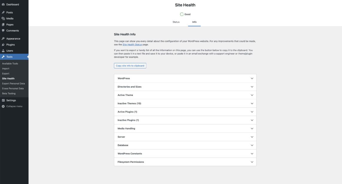 WordPress Site Health Info screen with expandable sections for themes, plugins, server, and database.