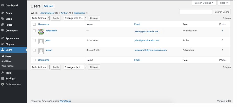 WordPress Users screen showing example accounts and their Administrator, Author, and Subscriber roles.